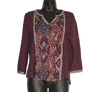 LUCKY BRAND Bohemian Chic Paisley Tunic Top Long Sleeve V-neck Burgundy Spring S